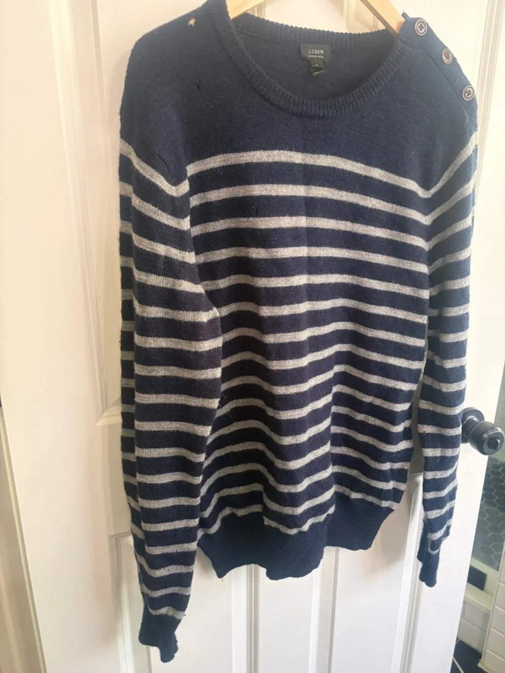 J. Crew womens Navy and White Striped merino wool Button-Shoulder Sweater.